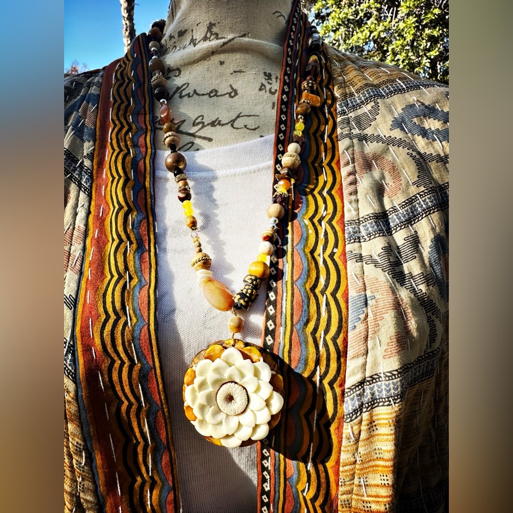 Bohemian Beaded Necklace with Carved Floral Pendant